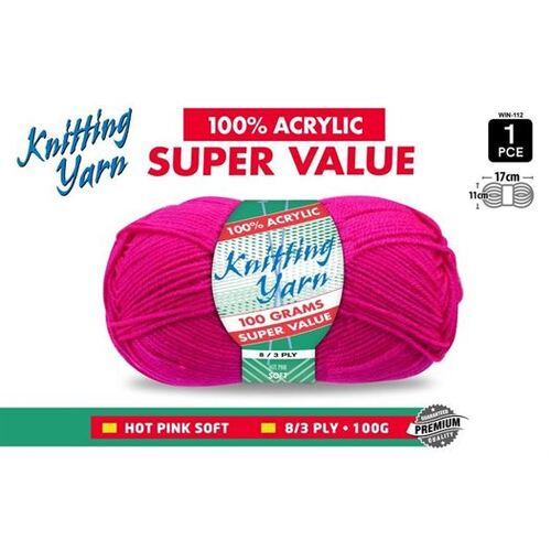 Knitting Yarn 100% Acrylic 8ply 100g Hot Pink