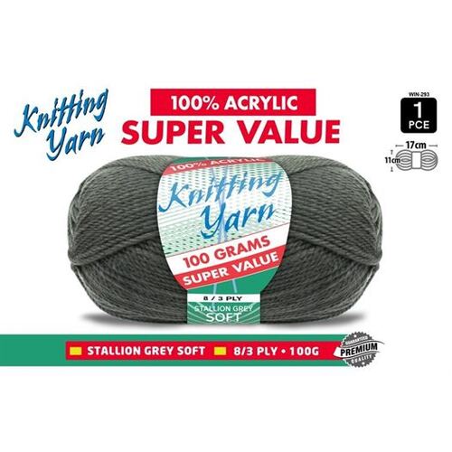 Knitting Yarn 100% Acrylic 8ply 100g Stallion Grey