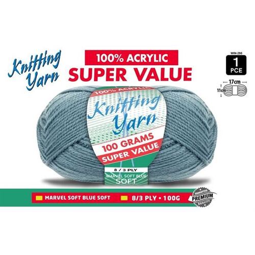 Knitting Yarn 100% Acrylic 8ply 100g Marvel Soft Blue