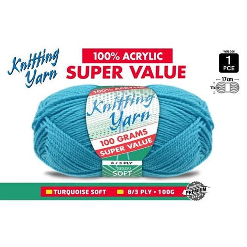 Knitting Yarn 100% Acrylic 8ply 100g Turquoise Soft
